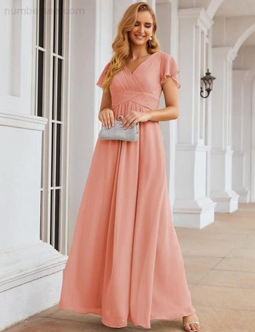 Numbersea Chiffon Bridesmaid Dress Cap Sleeves Maxi Prom Gowns Party Wedding Mother of The Bride Dresses for Women SEA28047
