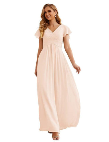 Numbersea Chiffon Bridesmaid Dress Cap Sleeves Maxi Prom Gowns Party Wedding Mother of The Bride Dresses for Women SEA28047