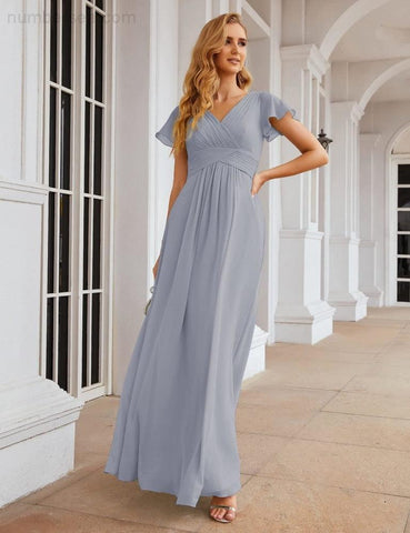 Numbersea Chiffon Bridesmaid Dress Cap Sleeves Maxi Prom Gowns Party Wedding Mother of The Bride Dresses for Women SEA28047