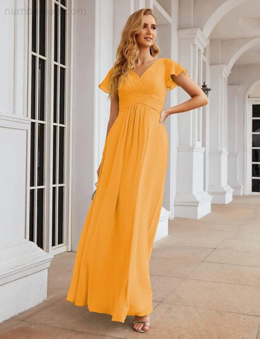 Numbersea Chiffon Bridesmaid Dress Cap Sleeves Maxi Prom Gowns Party Wedding Mother of The Bride Dresses for Women SEA28047
