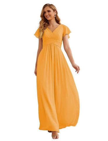 Numbersea Chiffon Bridesmaid Dress Cap Sleeves Maxi Prom Gowns Party Wedding Mother of The Bride Dresses for Women SEA28047