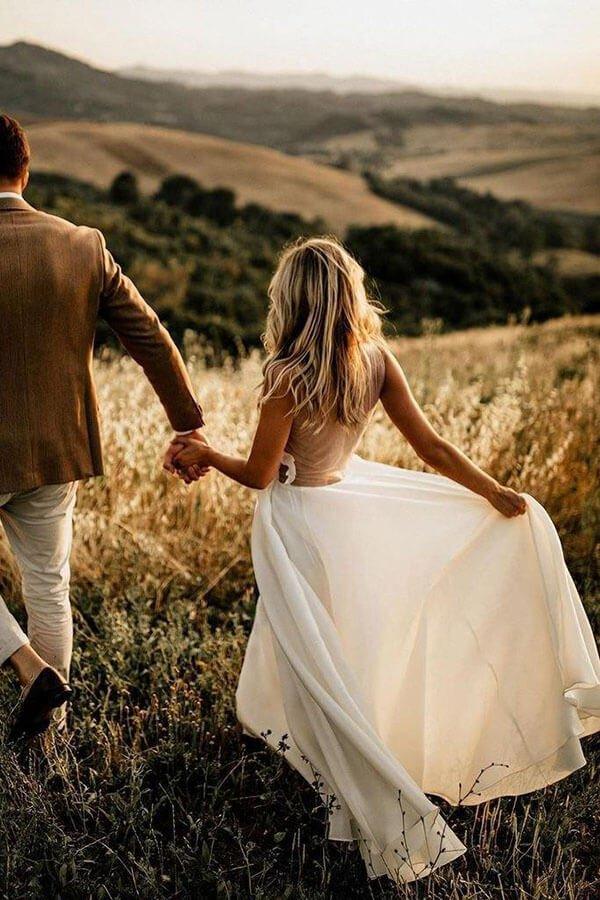 NumberSea Chiffon Floral Lace Round Neck Floor Length Beach Wedding Dresses, MW1001