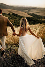 NumberSea Chiffon Floral Lace Round Neck Floor Length Beach Wedding Dresses, MW1001