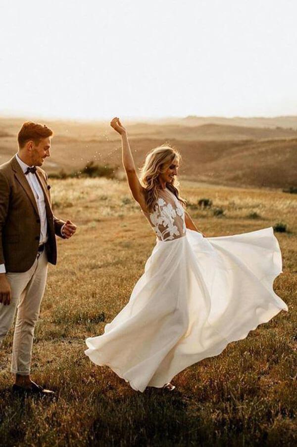 NumberSea Chiffon Floral Lace Round Neck Floor Length Beach Wedding Dresses, MW1001