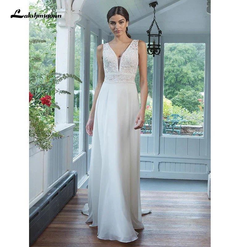 NumberSea Chiffon Wedding Dresses V-Neck A-line Dress with Full Chiffon Skirt Bruidsjurk Chic Bridal Dresses Lace Bodice