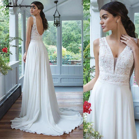 NumberSea Chiffon Brautkleider V-Ausschnitt A-Linien-Kleid mit vollem Chiffonrock Bruidsjurk Schicke Brautkleider Spitzenmieder 