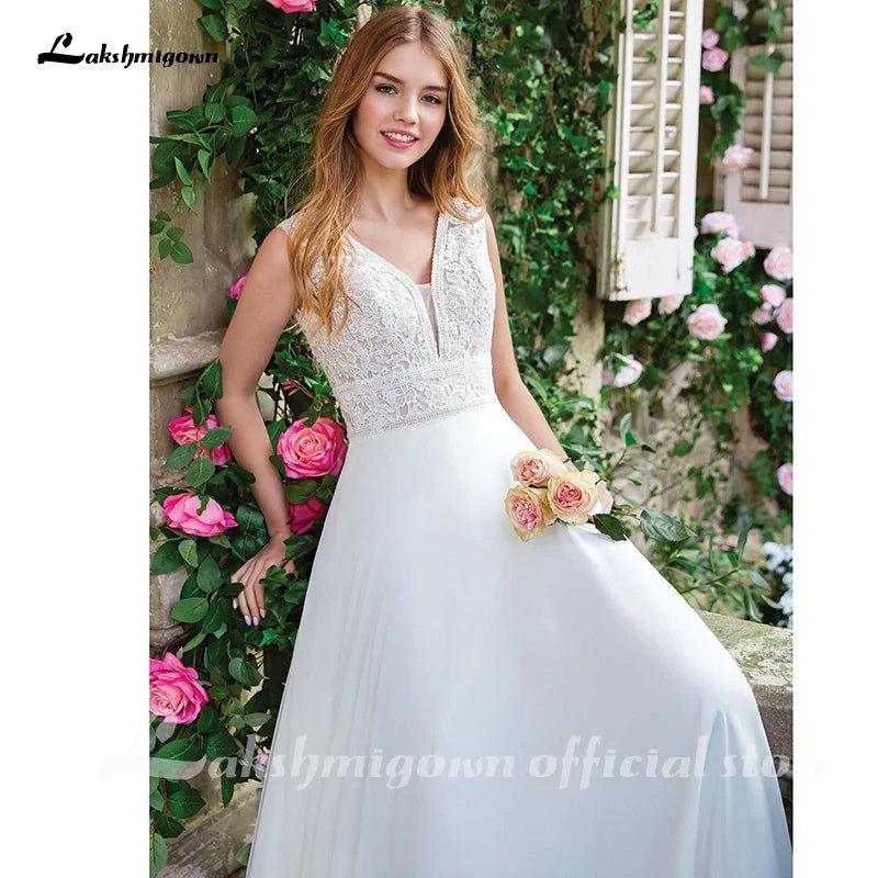 NumberSea Chiffon Wedding Dresses V-Neck A-line Dress with Full Chiffon Skirt Bruidsjurk Chic Bridal Dresses Lace Bodice