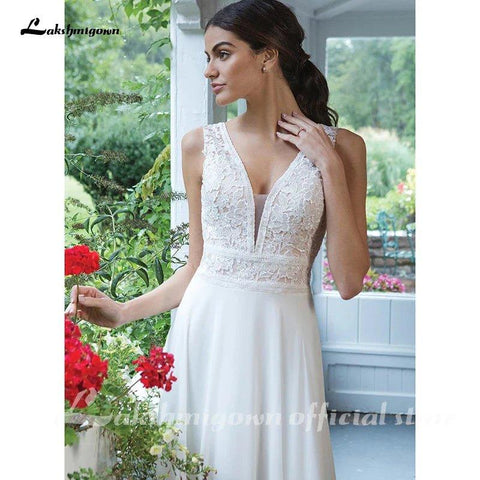 NumberSea Chiffon Brautkleider V-Ausschnitt A-Linien-Kleid mit vollem Chiffonrock Bruidsjurk Schicke Brautkleider Spitzenmieder 