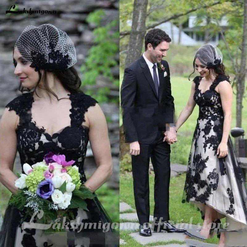 NumberSea Country Lace Hi-lo Wedding Dresses Sexy Gothic Black Long Garden Bridal Gowns A-line Boho Vintage Wedding Gowns