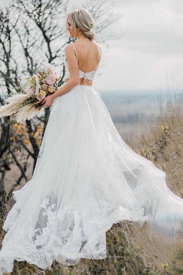 NumberSea Crop Top Spitze Zweiteiler Boho Spaghettiträger Brautkleider, MW509