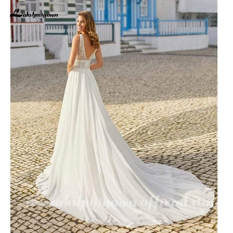 NumberSea Deep V Champagner Brautkleid A-Linie lange Ärmel