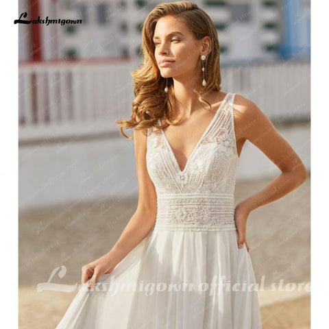 NumberSea Deep V Champagner Brautkleid A-Linie lange Ärmel
