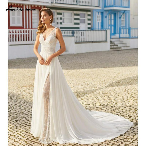 NumberSea Deep V Champagner Brautkleid A-Linie lange Ärmel