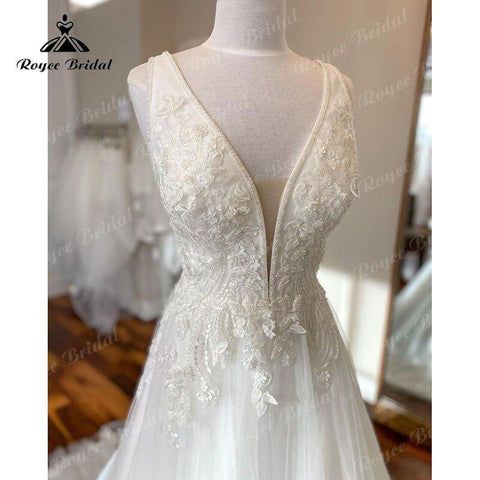 NumberSea Tiefem V-Ausschnitt A-Linie Strandhochzeitskleid Ärmellos 2025 Sweep Zug Vestido Novia Elegante Frauen Brauthochzeitskleider Nach Maß 