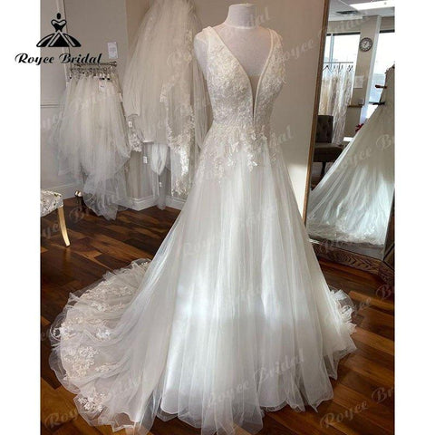 NumberSea Tiefem V-Ausschnitt A-Linie Strandhochzeitskleid Ärmellos 2025 Sweep Zug Vestido Novia Elegante Frauen Brauthochzeitskleider Nach Maß 