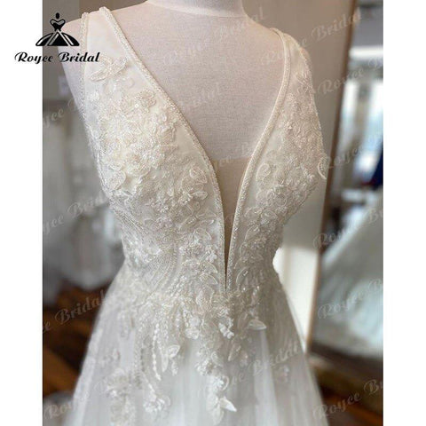 NumberSea Tiefem V-Ausschnitt A-Linie Strandhochzeitskleid Ärmellos 2025 Sweep Zug Vestido Novia Elegante Frauen Brauthochzeitskleider Nach Maß 