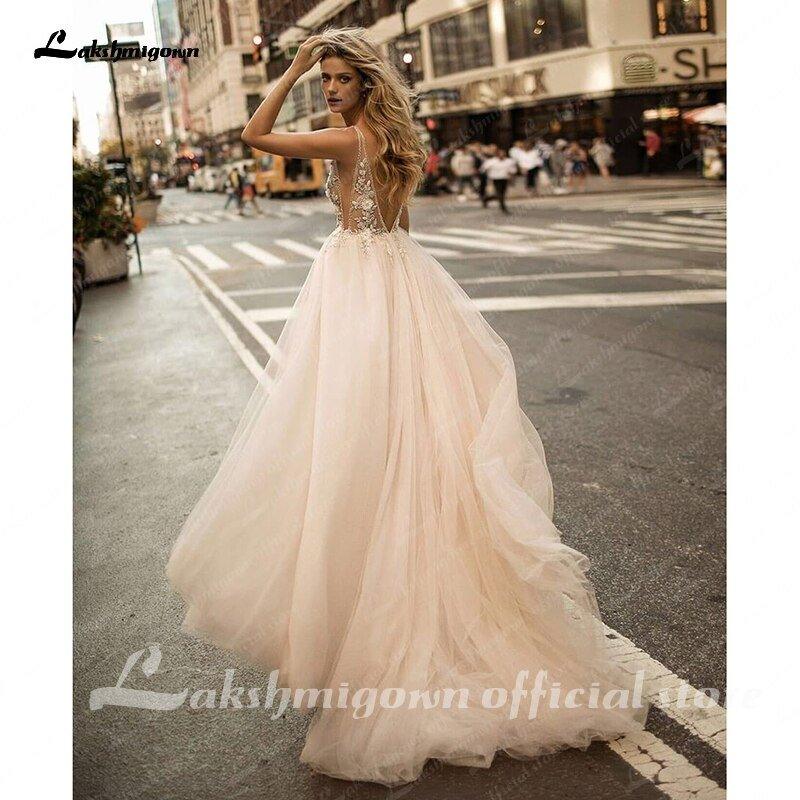 NumberSea Deep V Neck A Line Beautiful Wedding Dress Champange Lace Cheap Long Wedding Dress Bridal Gown Vestido De Noiva Plus Size