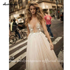 NumberSea Deep V Neck A Line Beautiful Wedding Dress Champange Lace Cheap Long Wedding Dress Bridal Gown Vestido De Noiva Plus Size