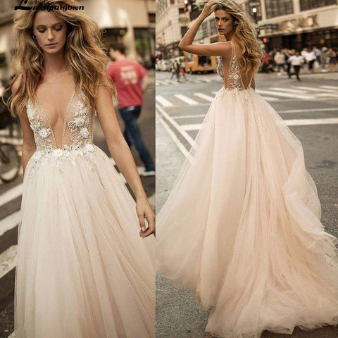 NumberSea Tiefem V-Ausschnitt A-Linie Wunderschönes Brautkleid Champange Spitze Günstiges Langes Brautkleid Brautkleid Vestido De Noiva Plus Size