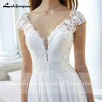NumberSea Deep V Neck Lace Backless Cap Sleeve Bridal Wedding Dresses