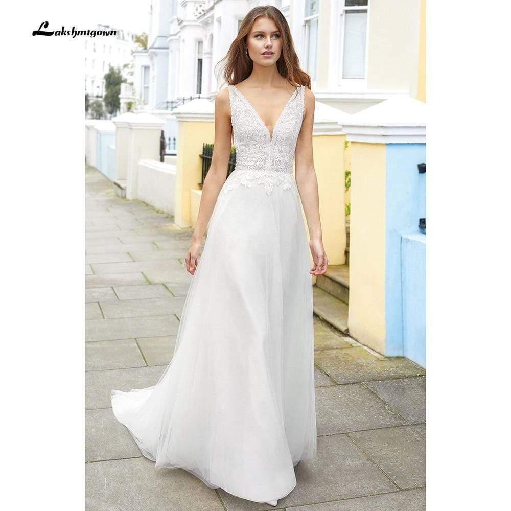 NumberSea Deep V Neck Lace Backless Wedding Dresses