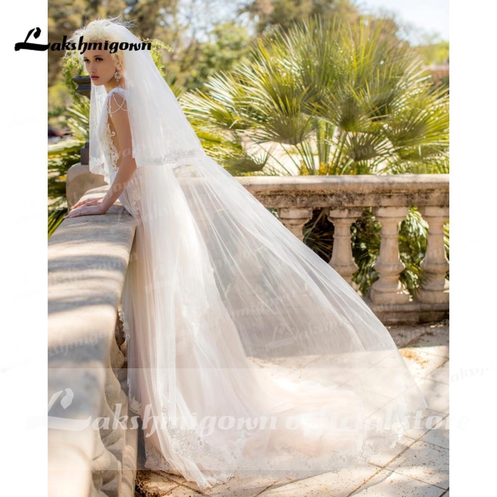 NumberSea Deep V Neck Lace Beading Pleats Blush Pink Wedding Dresses