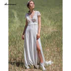 NumberSea Deep V Neck Lace Bocide Short Sleeve Buttons Wedding Dresses