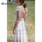 NumberSea Deep V Neck Lace Bocide Short Sleeve Buttons Wedding Dresses