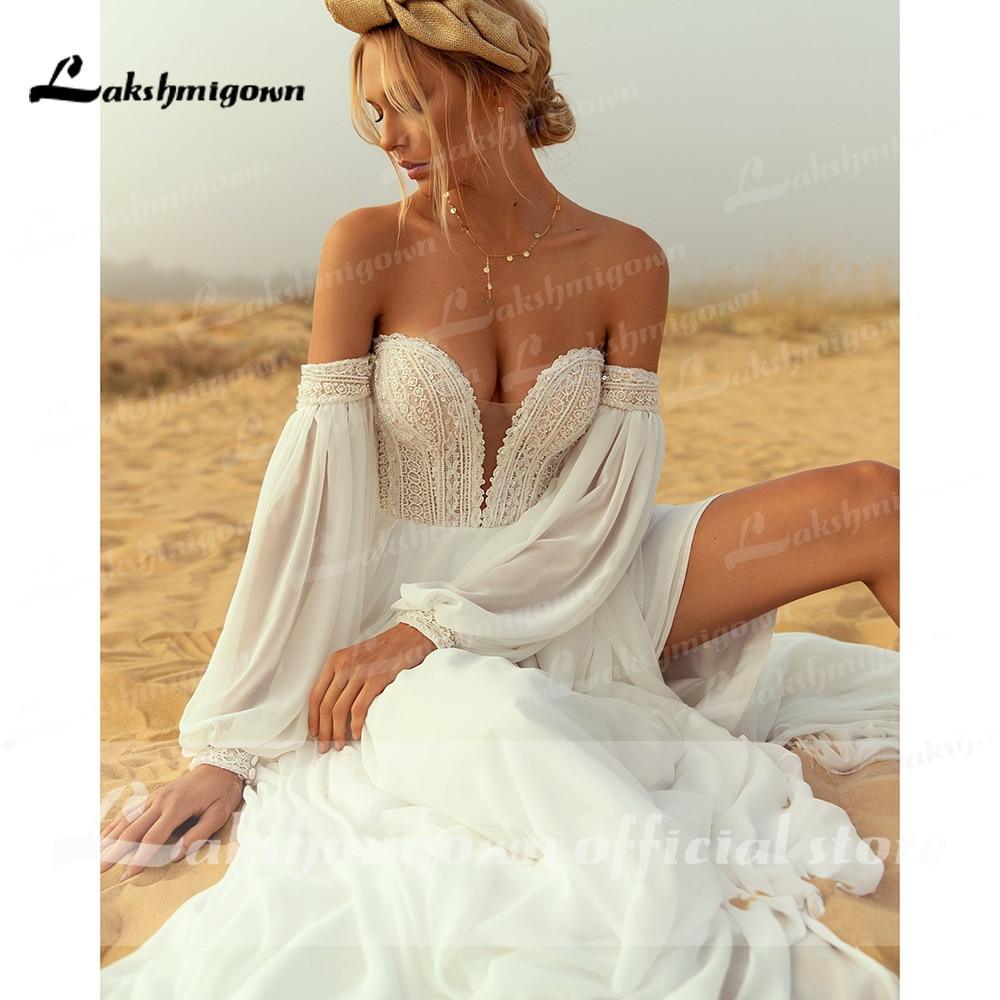 NumberSea Deep V Neck Lace Chiffon lantern Sleeve Wedding Dresses