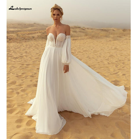 NumberSea Brautkleider mit tiefem V-Ausschnitt, Spitze, Chiffon und Laternenärmeln