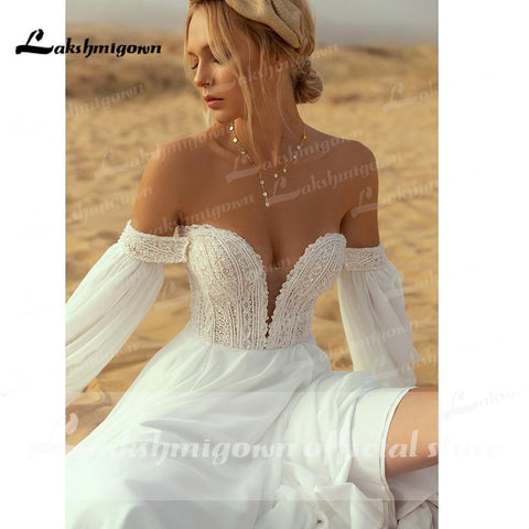 NumberSea Brautkleider mit tiefem V-Ausschnitt, Spitze, Chiffon und Laternenärmeln