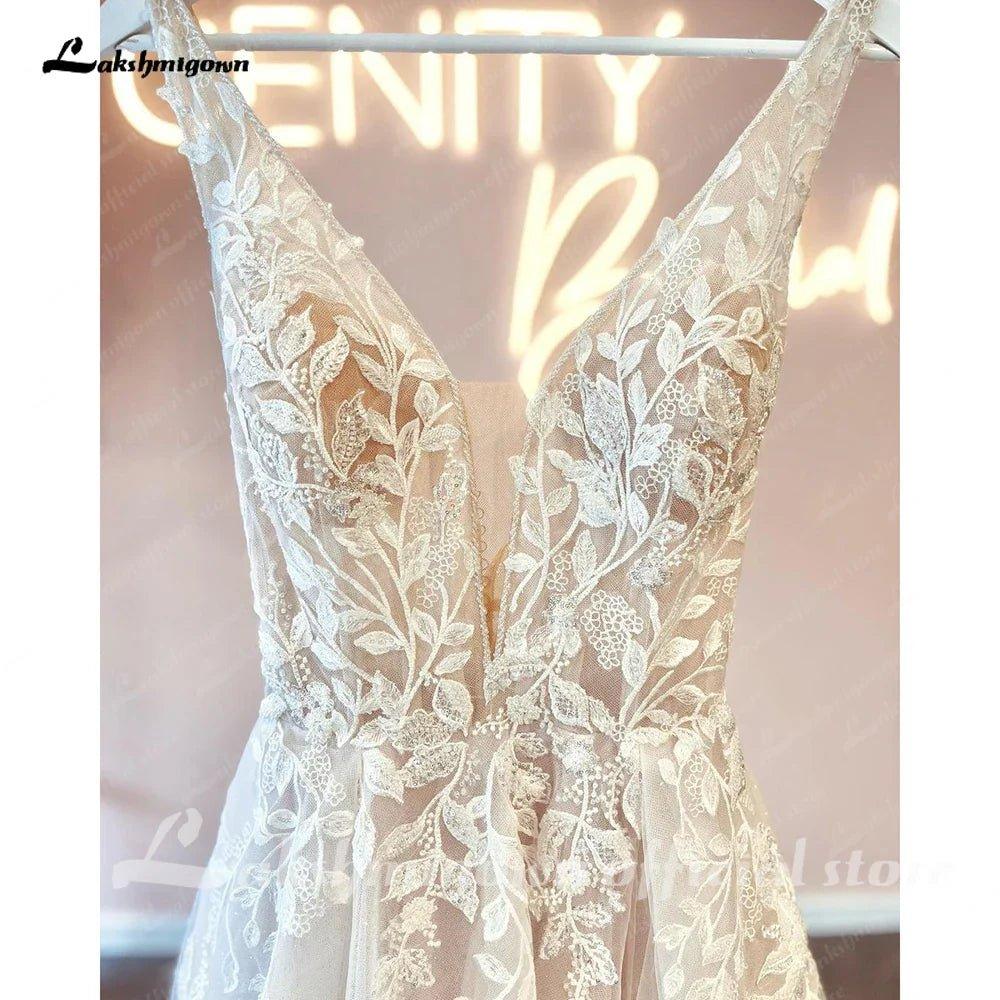 NumberSea Deep V Neck Lace Floral Sleeveless Boho Wedding Dress Beach Open Back 2025 Vestido de Noiva Bridal Gowns for Women