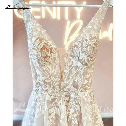 Vestido de Noiva Boho NumberSea com Decote em V Profundo e Renda Floral, Sem Mangas, Costas Abertas, 2025 