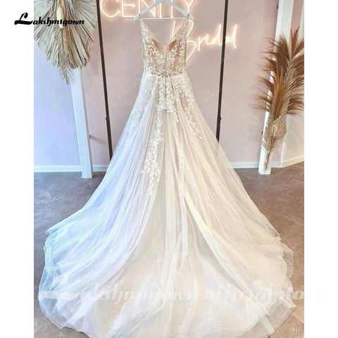 Vestido de Noiva Boho NumberSea com Decote em V Profundo e Renda Floral, Sem Mangas, Costas Abertas, 2025 