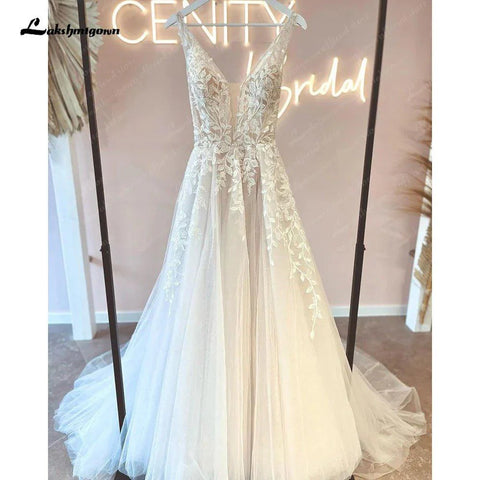 Vestido de Noiva Boho NumberSea com Decote em V Profundo e Renda Floral, Sem Mangas, Costas Abertas, 2025 
