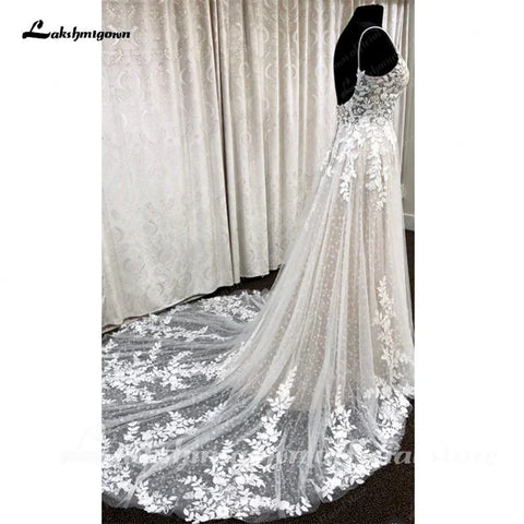 NumberSea Tiefem V-Ausschnitt Spitze Blumen Brautkleid für Frauen 2024 Brautkleid Champagner Rückenfrei Spaghettiträger abito da sposa 