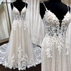 NumberSea Deep V Neck Lace Floral Wedding Dress for Women 2024 Bridal Gown Champagne Backless Spaghetti Straps abito da sposa