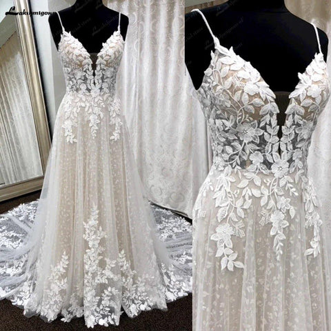 NumberSea Tiefem V-Ausschnitt Spitze Blumen Brautkleid für Frauen 2024 Brautkleid Champagner Rückenfrei Spaghettiträger abito da sposa 