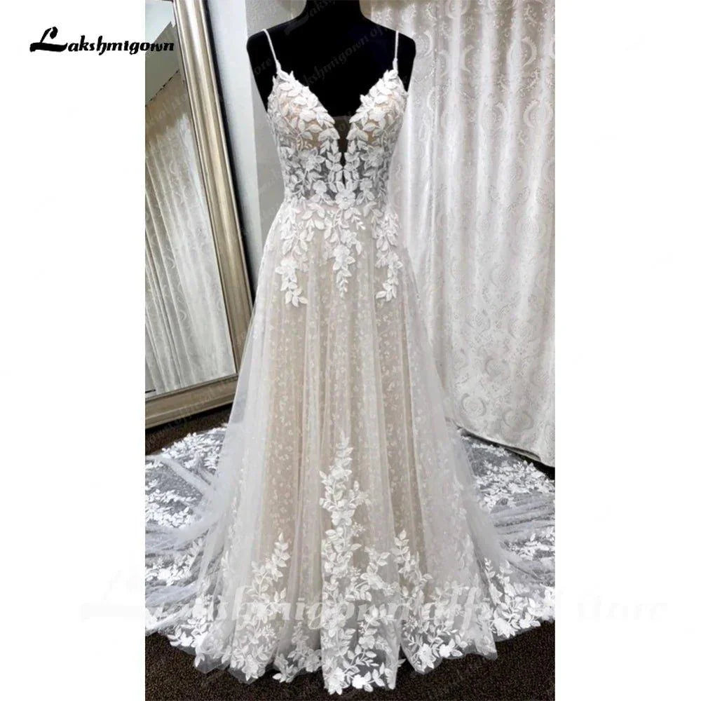 NumberSea Deep V Neck Lace Floral Wedding Dress for Women 2024 Bridal Gown Champagne Backless Spaghetti Straps abito da sposa