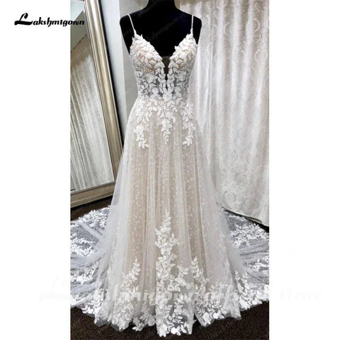 NumberSea Tiefem V-Ausschnitt Spitze Blumen Brautkleid für Frauen 2024 Brautkleid Champagner Rückenfrei Spaghettiträger abito da sposa 