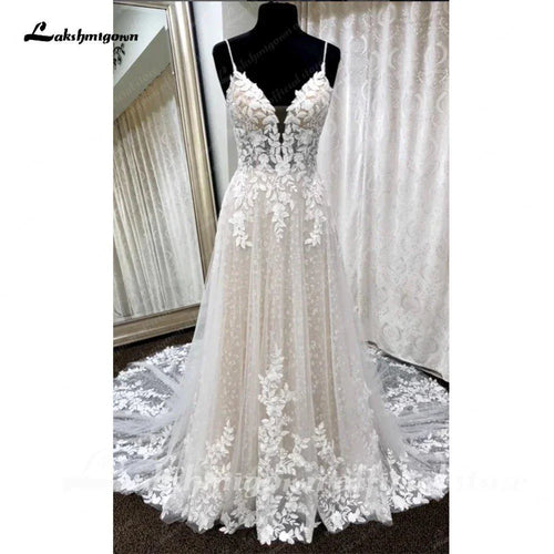 NumberSea Abito da Sposa con Scollo a V Profondo e Pizzo Floreale per Donna 2024, Vestito da Sposa Champagne Senza Schienale con Spaghetti