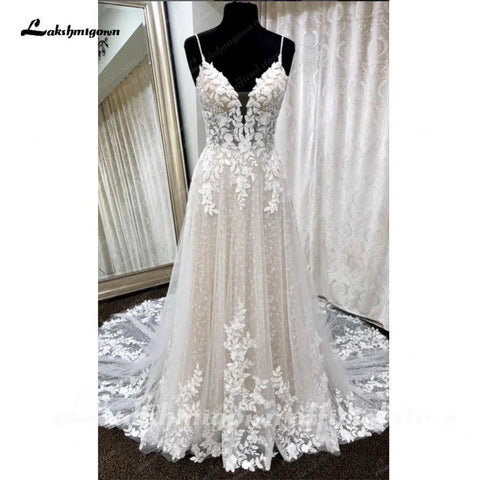 NumberSea Tiefem V-Ausschnitt Spitze Blumen Brautkleid für Frauen 2024 Brautkleid Champagner Rückenfrei Spaghettiträger abito da sposa 