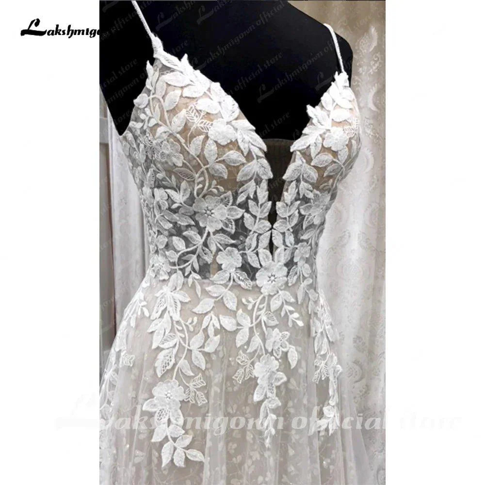 NumberSea Deep V Neck Lace Floral Wedding Dress for Women 2024 Bridal Gown Champagne Backless Spaghetti Straps abito da sposa