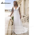 NumberSea Deep V Neck Lace Satin Backless Beach A Line Wedding Dresses