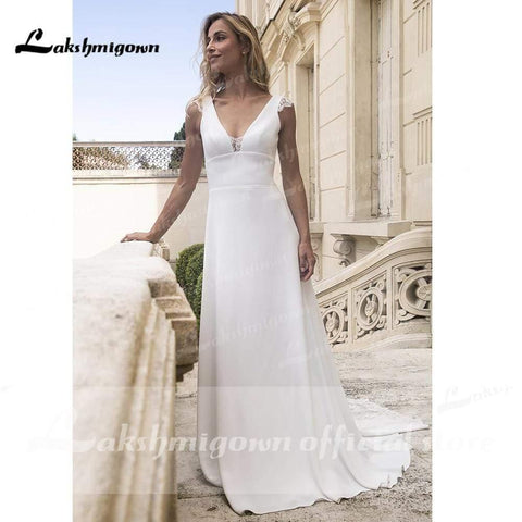 NumberSea Tiefes V-Ausschnitt, Spitze, Satin, rückenfrei, Strand-Brautkleider in A-Linie