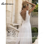 NumberSea Deep V Neck Lace Satin Backless Beach A Line Wedding Dresses