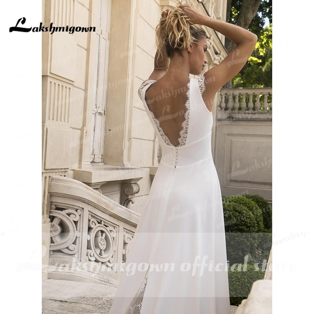 NumberSea Deep V Neck Lace Satin Backless Beach A Line Wedding Dresses