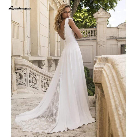 NumberSea Tiefes V-Ausschnitt, Spitze, Satin, rückenfrei, Strand-Brautkleider in A-Linie