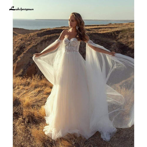 NumberSea Tiefer V-Ausschnitt Spitze Sexy Tüll Ärmellos Boho Brautkleider