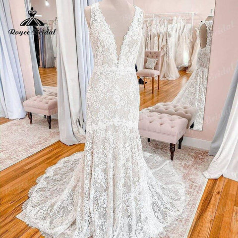 NumberSea Tiefem V-ausschnitt Spitze Ärmelloses Open Back Meerjungfrau/Trompete Hochzeit Kleid Sweep Zug 2025 Sexy Brautkleid vestido para boda playa 